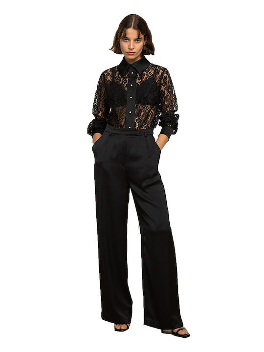 Damen Hoch tailliert Stoff Hose Schwarz