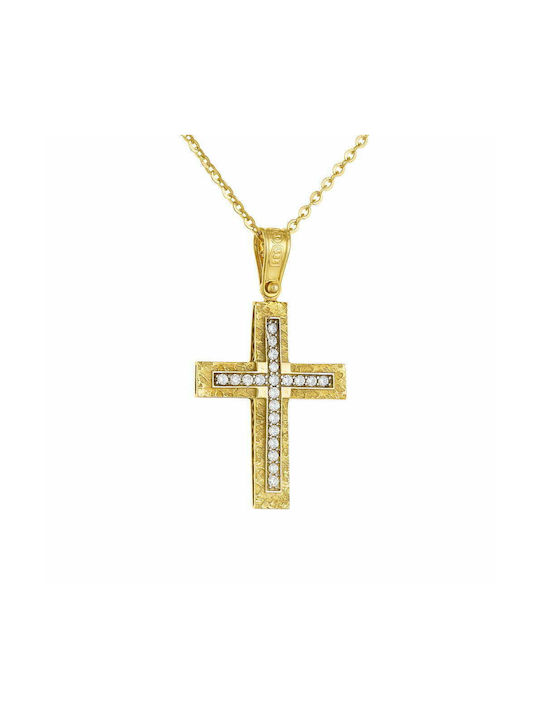 Double-Sided Women's Cross Pendant with 40cm Chain 14K Gold Zagre with White Gold Details & White Zircon Stones MFS-21224Y