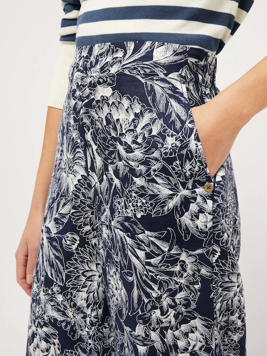 21311523 Women's High-waisted Linen Trousers with Elastic Floral Navy Blue
