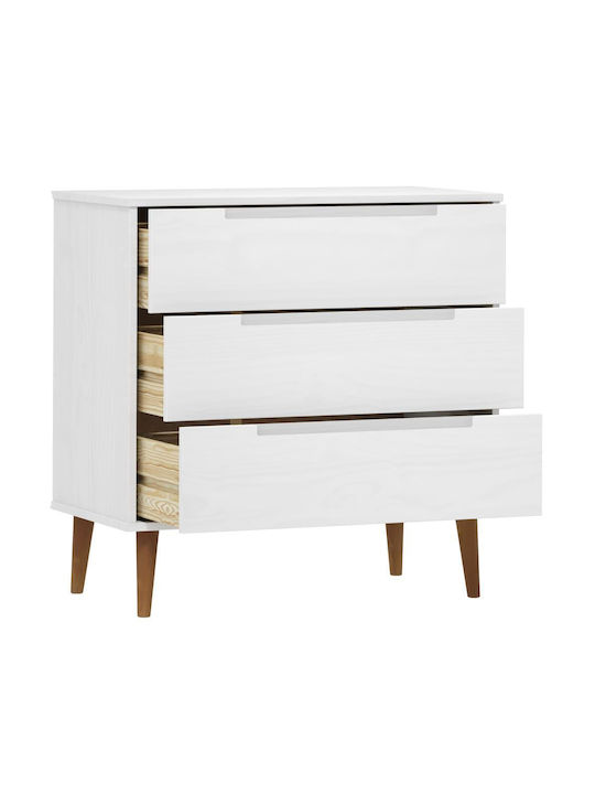 Chest of Drawers of Solid Wood with 3 Drawers White 80x40x80cm