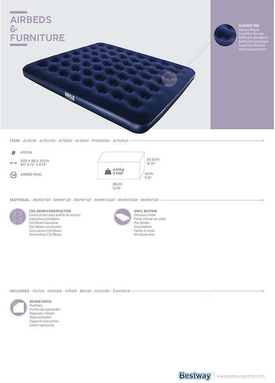 Bestway Inflatable Camping Air Mattress King Size with Integrated Pump Pavilo 203x183x22cm