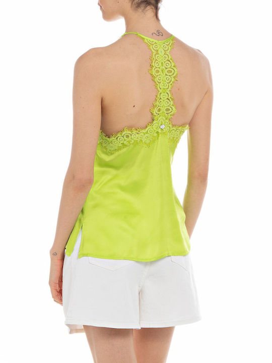 Replay Women's Satin Lingerie Top with Lace Light Green