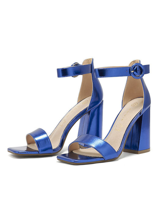 Envie Shoes Synthetic Leather Women's Sandals with Ankle Strap Blue with Chunky High Heel