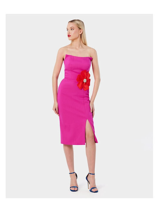 Summer Midi Evening Strapless Dress with Tearing Fuchsia