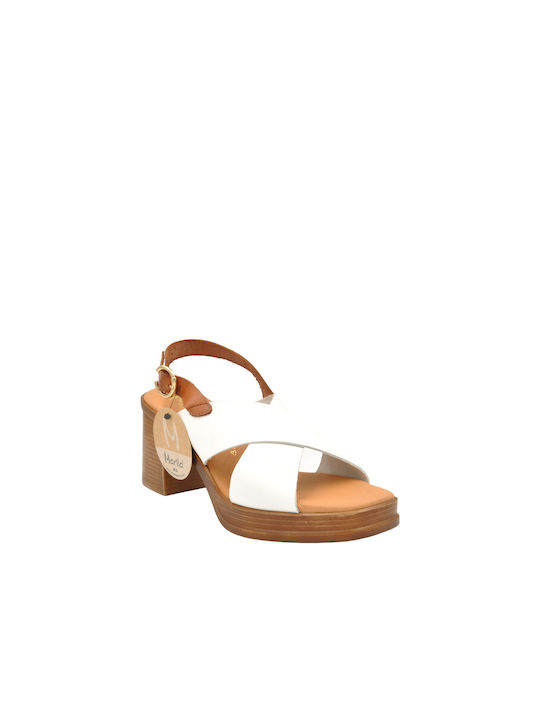 Women's Leather Sandals with Thick Low Heel in White VANESSA-SS23-14