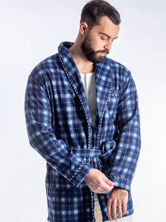 Men's Robe, Greek, Fleece, Plaid Blue 22779 MΠΛE 22779