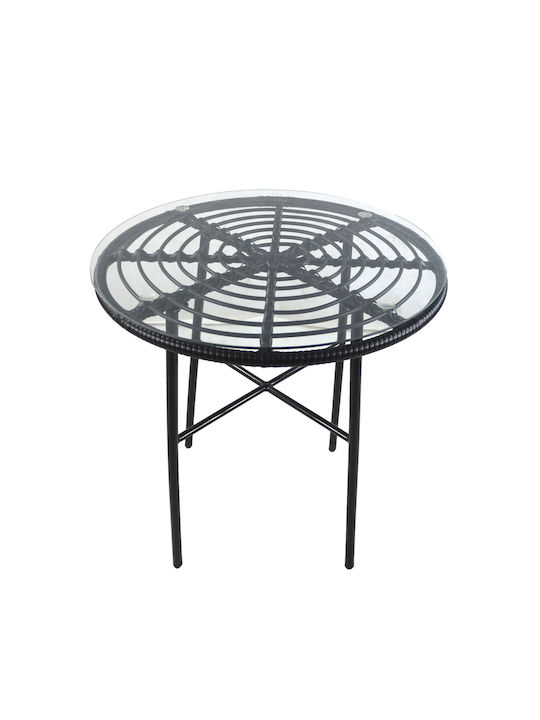 Appius Sitting Room Outdoor Free Standing Table with Glass Surface and Metal Frame Black 70x70x74cm