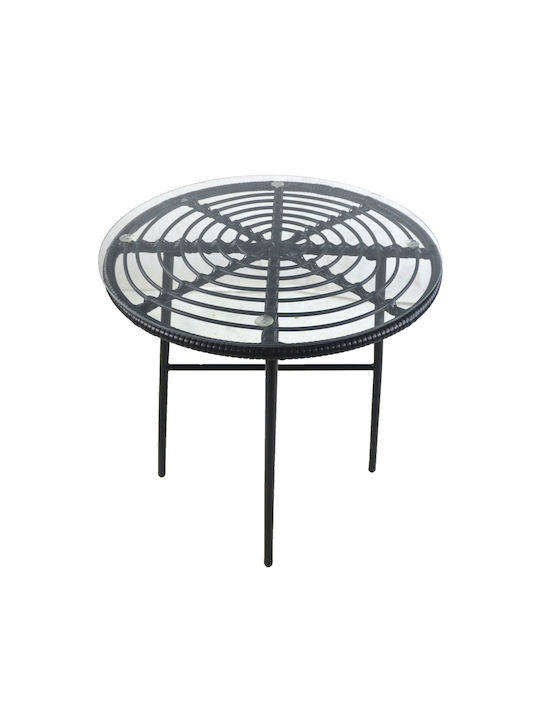 Appius Sitting Room Outdoor Free Standing Table with Glass Surface and Metal Frame Black 70x70x74cm