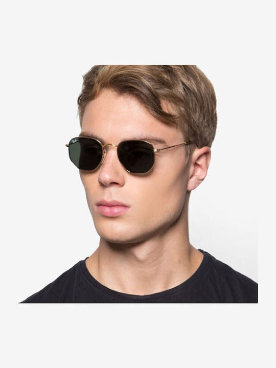 Ray Ban Hexagonal Unisex Sunglasses with Gold Metal Frame and Green Lens RB3548N 001