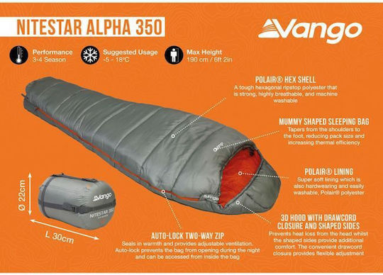 Vango Sleeping Bag Μονό 3 Εποχών Nitestar Alpha 350 Fog