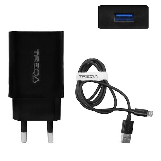 Treqa Ladegerät mit USB-A Anschluss und Kabel Blitzschlag 18W Schnellaufladung 3.0 Schwarzs (CS-220)