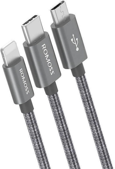 Romoss Mesuda Series Braided USB to Lightning / Type-C / micro USB Cable 3A Ασημί 1.5m (CB25n)