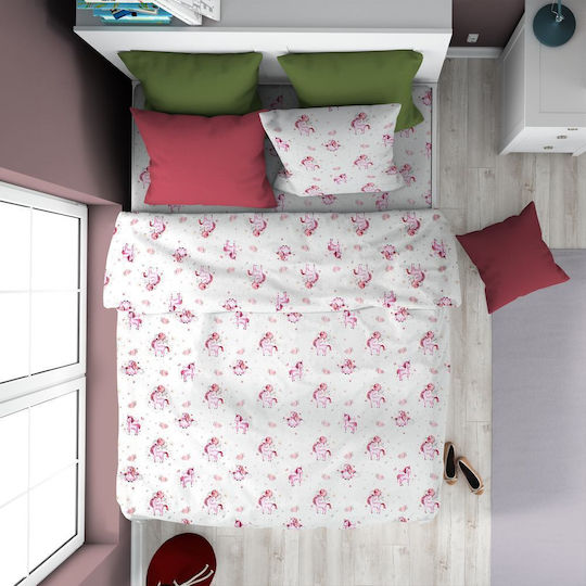 Dimcol Комплект чаршафи Полудвойно Памучни Unicorn 208 White / Pink 160x240см 2бр