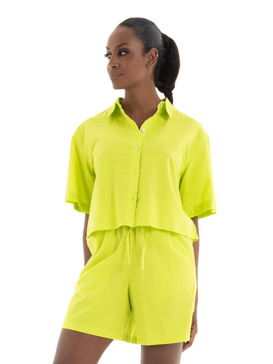 Jack & Jones Kurzärmelig Damen Hemd Lime Monochrom