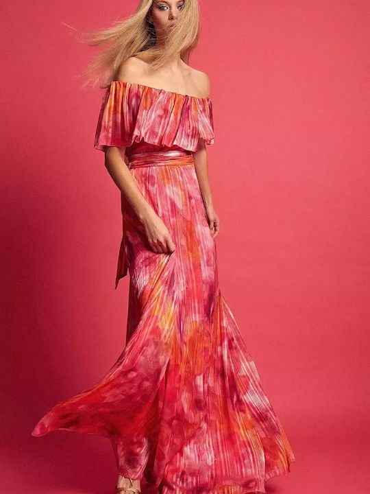 Rochie Maxi de Vară pentru Nuntă Botez Fără Bretele cu Umerii Goi Fuchsia