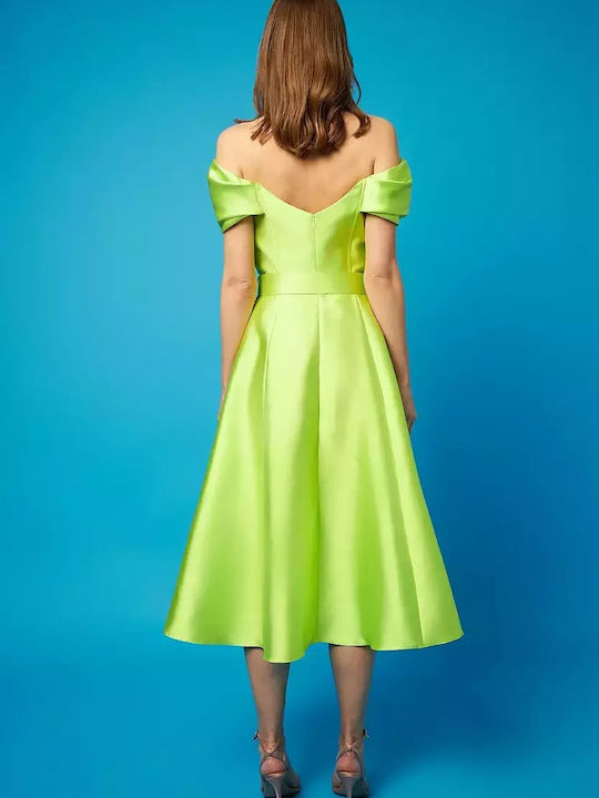 Desiree Summer Midi Dress for Wedding / Baptism Satin Off-Shoulder Lime