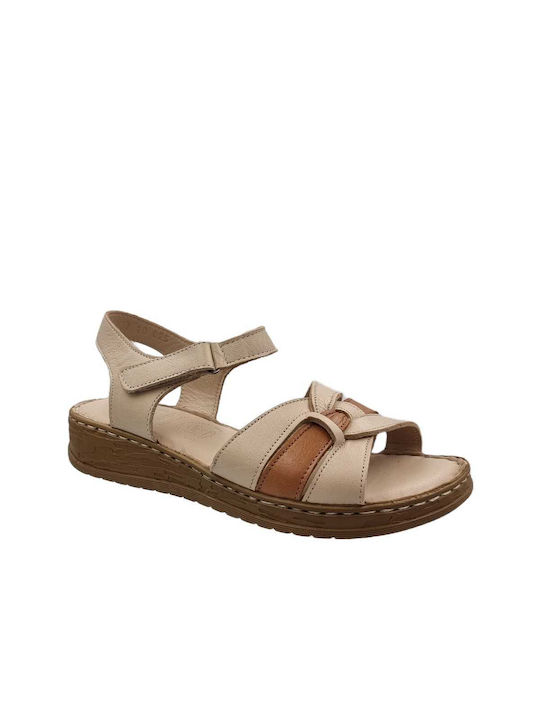 Boxer Leather Women's Flat Sandals Anatomic with Strap in Beige Color