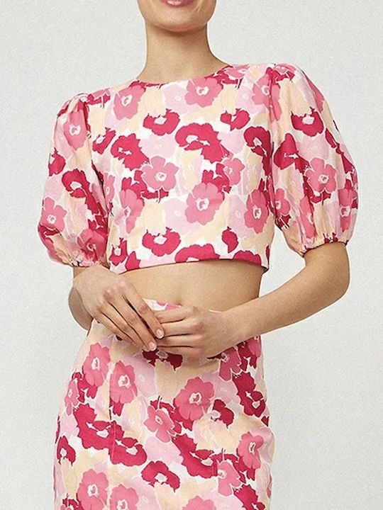 Desiree Women's Summer Crop Top Cotton Short Sleeve Floral Fuchsia