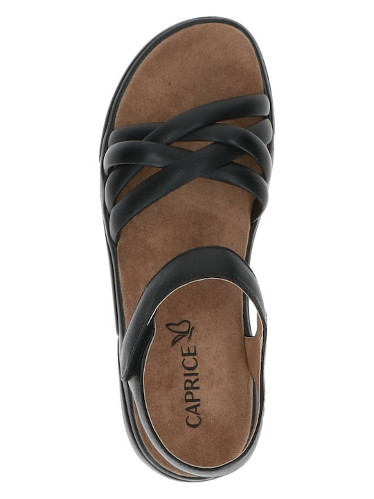 Leather Women's Flat Sandals with Strap in Black Color