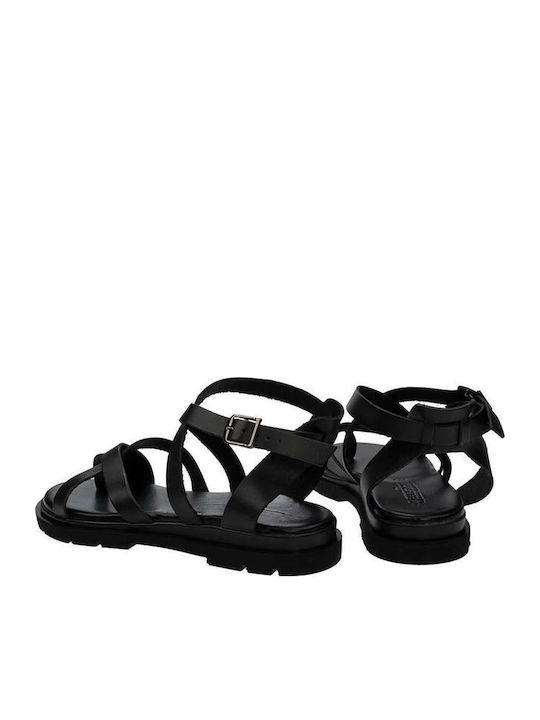 BQR Leather Women's Flat Sandals with Strap in Black Color