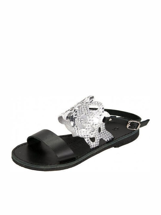 Leather Women's Flat Sandals with Strap in Black Color