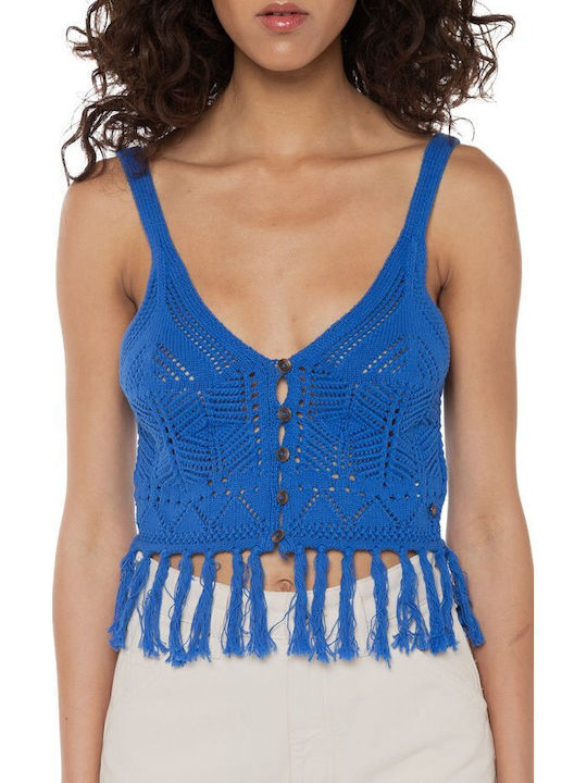 Loro Γυναικείο Καλοκαιρινό Crop Top Αμάνικο με V Λαιμόκοψη Μπλε