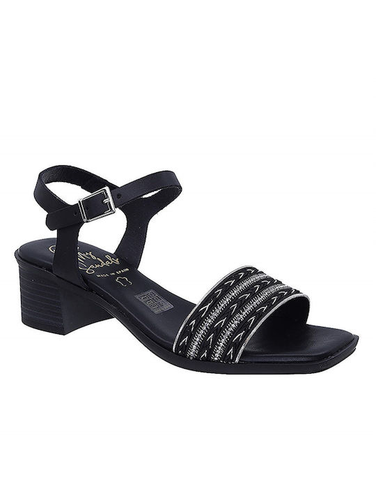 Oh My Sandals Leather Women's Sandals Black with Chunky Medium Heel