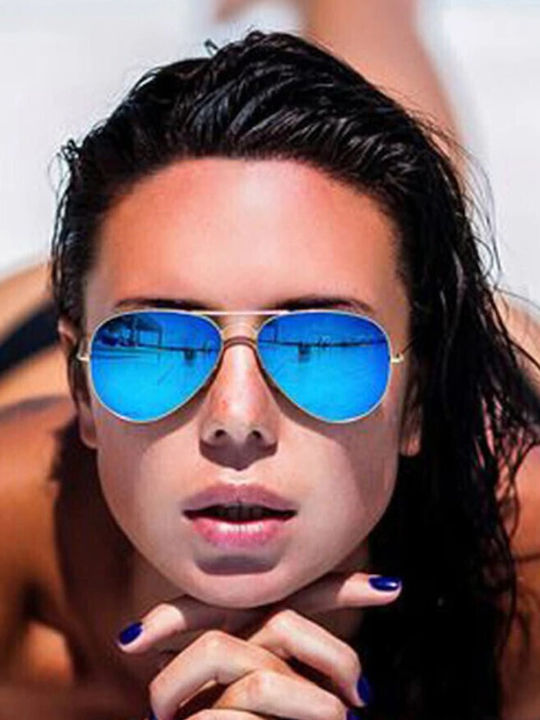 Ray Ban Aviator Unisex Γυαλιά Ηλίου με Χρυσό Μεταλλικό Σκελετό και Γαλάζιο Καθρέφτη Φακό