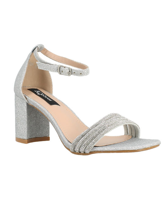 IQ Shoes Women's Sandals with Strass & Ankle Strap Silver with Chunky Medium Heel