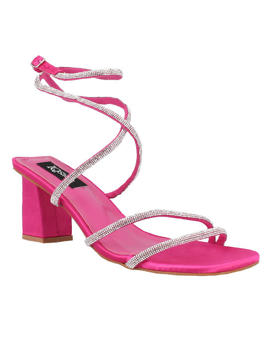 IQ Shoes Fabric Women's Sandals with Strass Fuchsia with Chunky High Heel