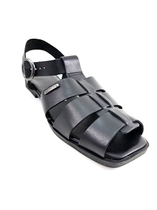 Dicas Leather Women's Flat Sandals with Strap in Black Color