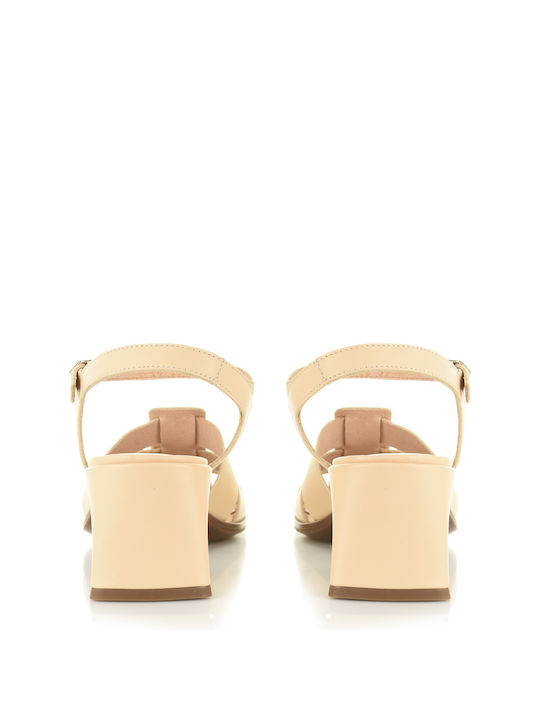 Leather Women's Sandals Natural with Chunky Medium Heel