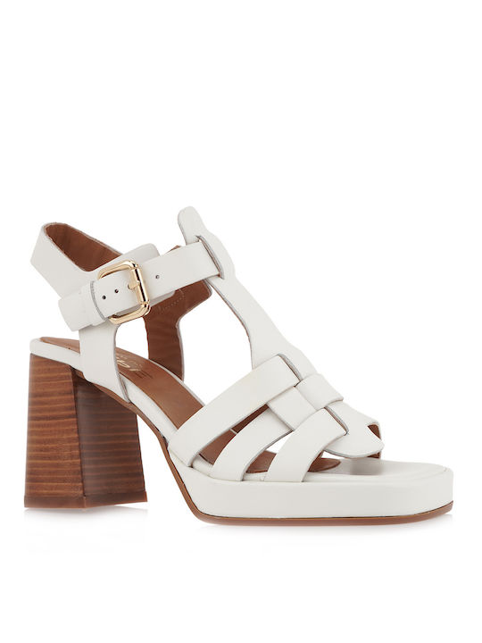 Alpe Leather Women's Sandals White with Chunky High Heel