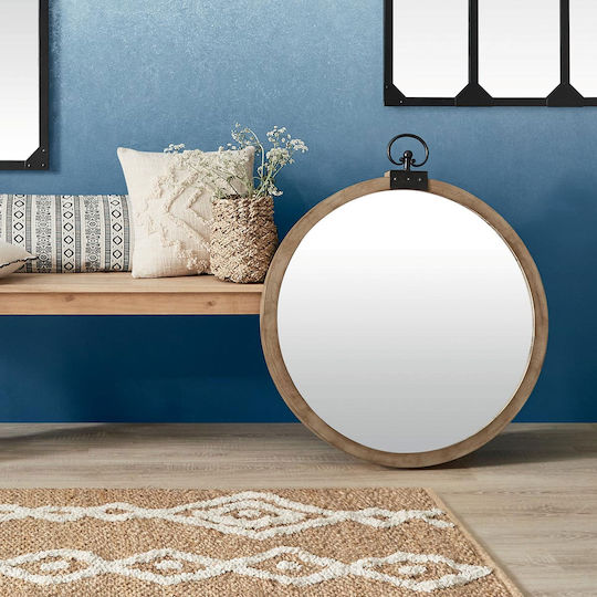 Gousset Wall Mirror with Brown Wooden Frame Diameter 73.7cm 1pcs