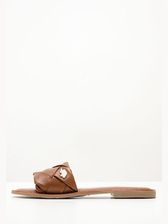 U.S. Polo Assn. Linda 3 Leather Women's Flat Sandals in Tabac Brown Color