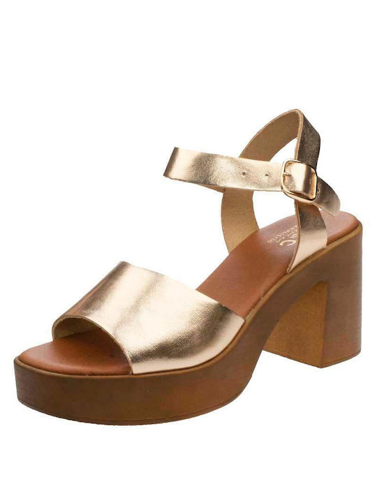 J&C Platform Leather Women's Sandals Bronze with Chunky High Heel