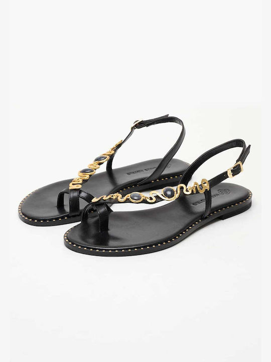 Makis Kotris Leather Women's Sandals with Ankle Strap Black
