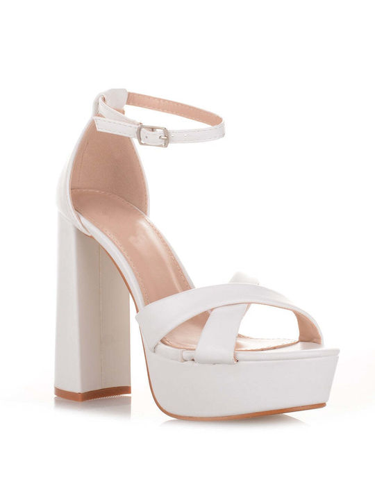 Famous Shoes Platform Synthetic Leather Women's Sandals White with Chunky High Heel