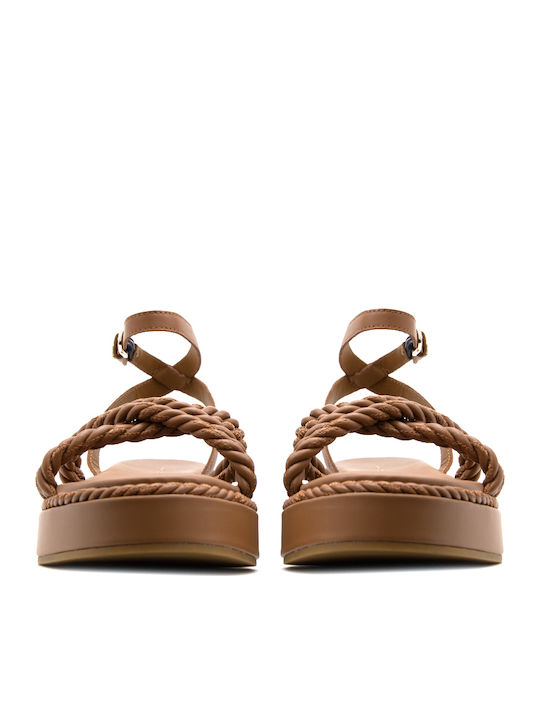 Δερμάτινα Γυναικεία Σανδάλια Flatforms Καφέ