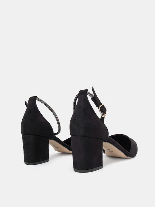 Suede Pointed Toe Black Medium Heels with Strap