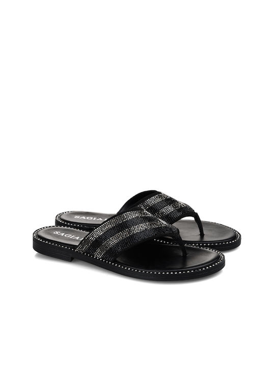 Sagiakos Leather Women's Flat Sandals in Black Color