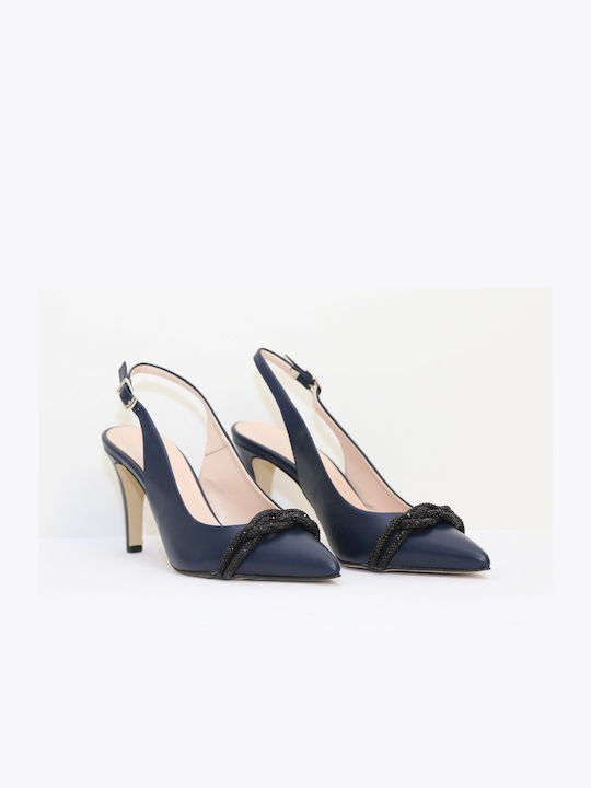Fardoulis Leather Pointed Toe Stiletto Navy Blue High Heels with Strap