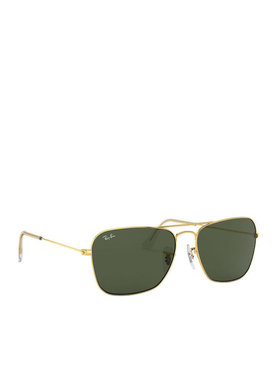 Ray Ban Caravan Unisex Sunglasses with Gold Metal Frame and Green Lens RB3136 001