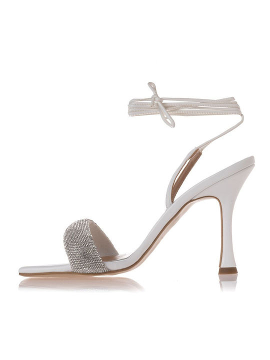 Sante Synthetic Leather Women's Sandals with Strass White with Thin High Heel