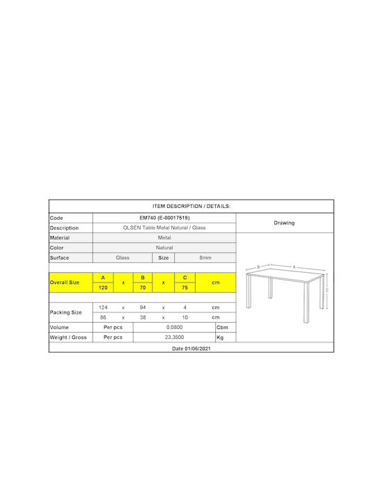 Olsen Table Kitchen with Glass Surface 120x70x75cm