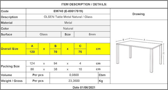 Olsen Мас За Кухня Със Стъклена Повърхност 120x70x75см ЕМ740