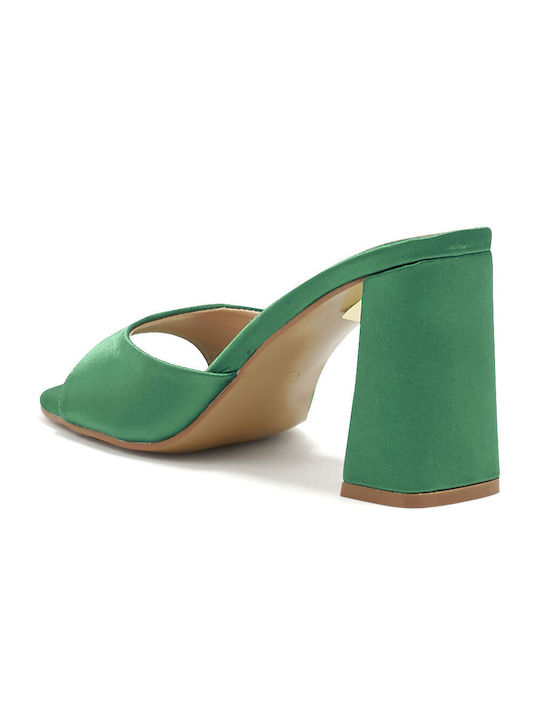 Leather Mules with Chunky High Heel in Green Color