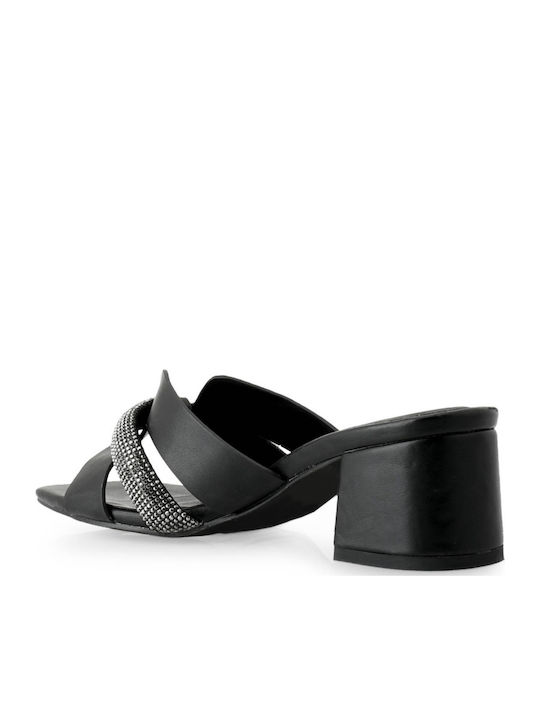 Leather Mules with Chunky Low Heel in Black Color