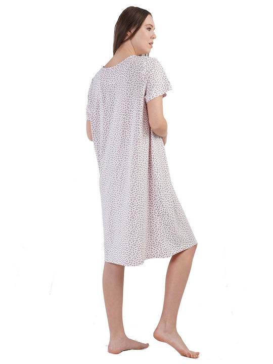 Vienetta, Vienetta Women's summer cotton nightgown short sleeve with placket -161176b, Vienetta Women's summer cotton nightgown short sleeve. Es hat einen offenen Ausschnitt und eine Knopfleiste. Auf Brusthöhe befindet sich eine dezente weiße Spitze in Längsrichtung und eine Satinschleife. Rosa