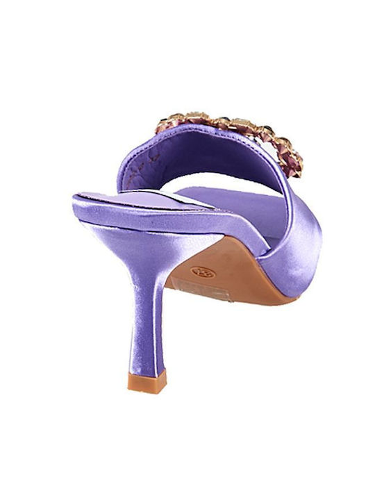 Satin Mules with Thin High Heel in Lilac Color